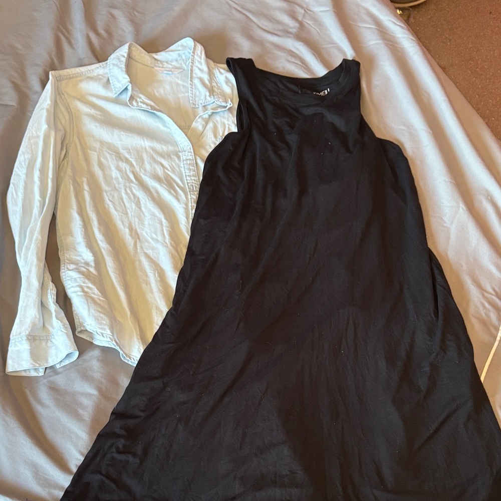 Black Sleeveless Dress and White Button-Up Shirt